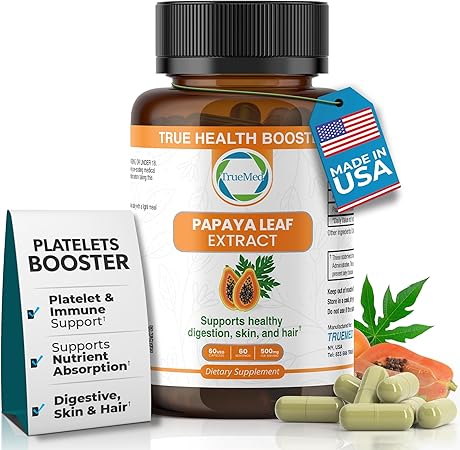 Papaya Leaf Extract 500 mg for Hair, Skin with 4X Extra Strength Support Blood Platelet with 60 Capsules for 60 Days Supports Digestive Health & Natural Antioxidant